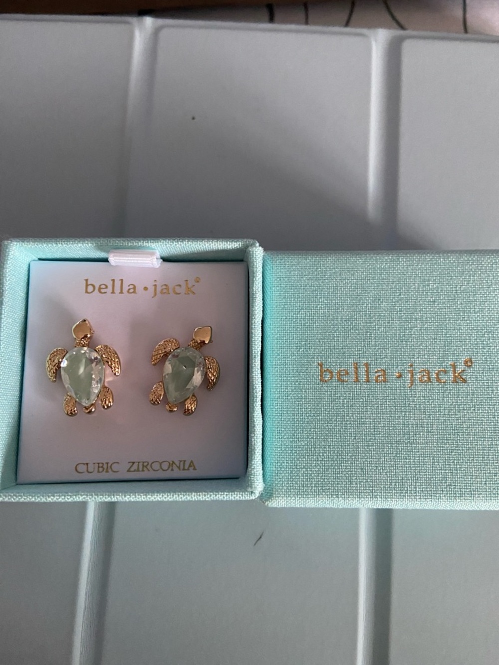 Bella·Jack Gold Turtle Stud Earrings with Light Green Gemstones